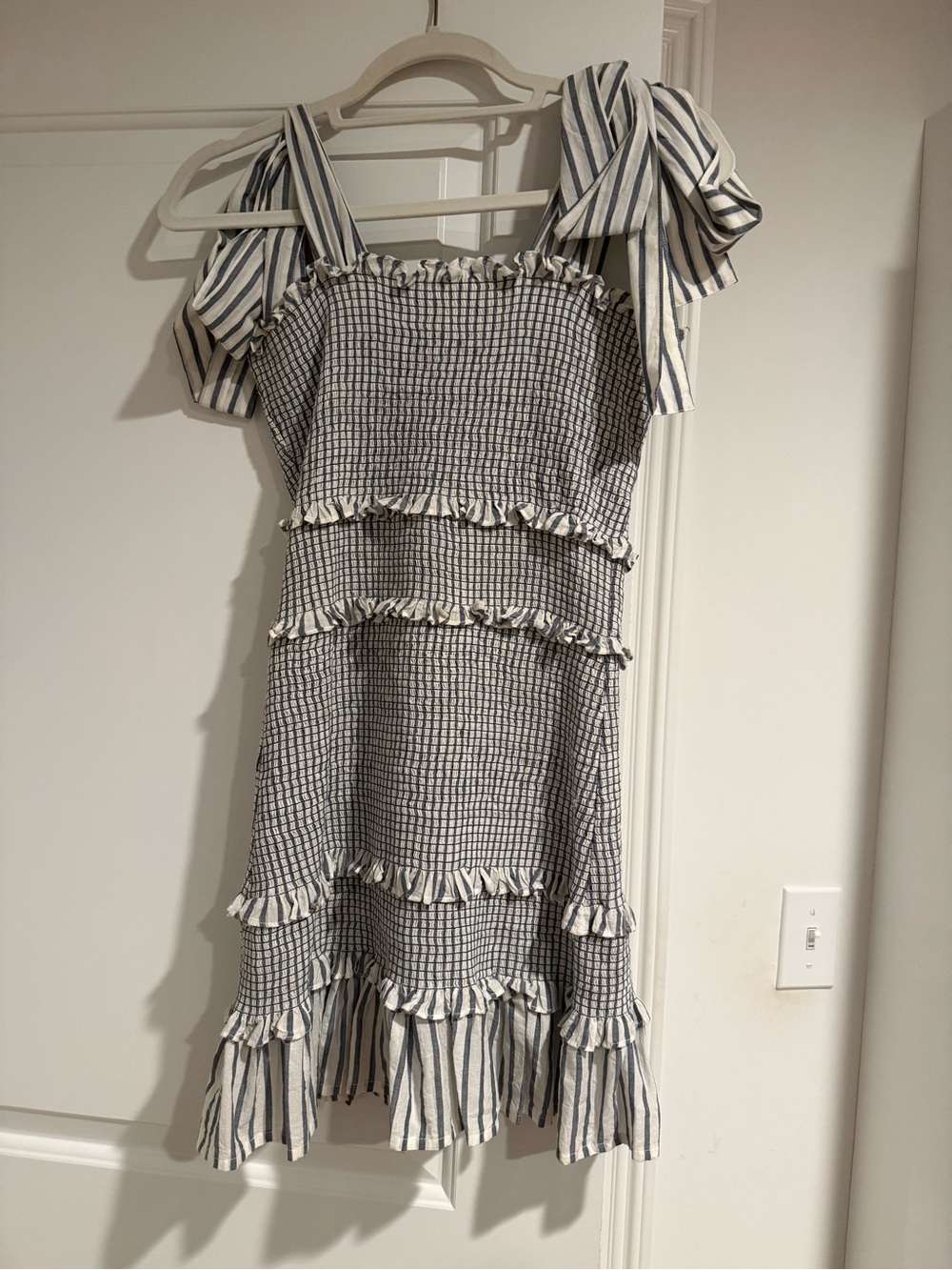 Loveshackfancy Striped Ruffle Tie-Shoulder Mini Dress in Navy and White